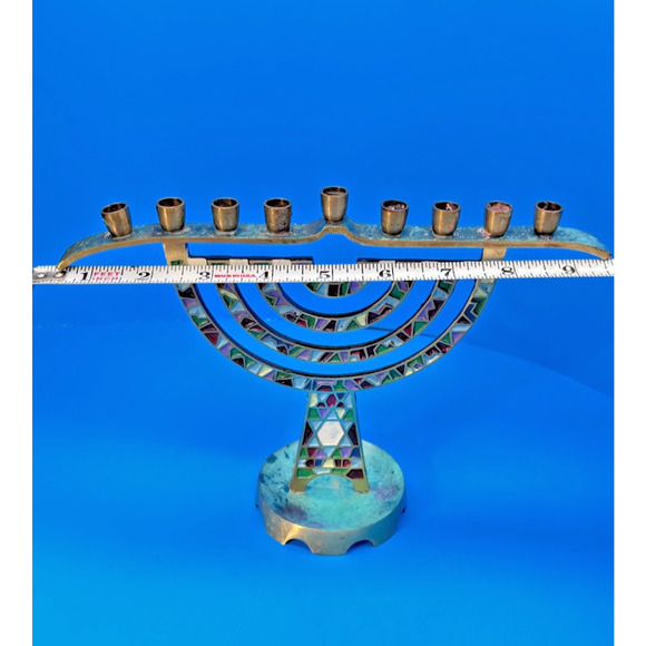 Hanukkah Menorah 9 Branch Brass Enamel Candle Holder 7" Tall Made in Israel - Picture 10 of 14